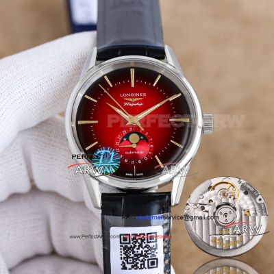 Replica Longines Flag Red Gradient Dial Swiss Mechanical Leather Strap Watch 